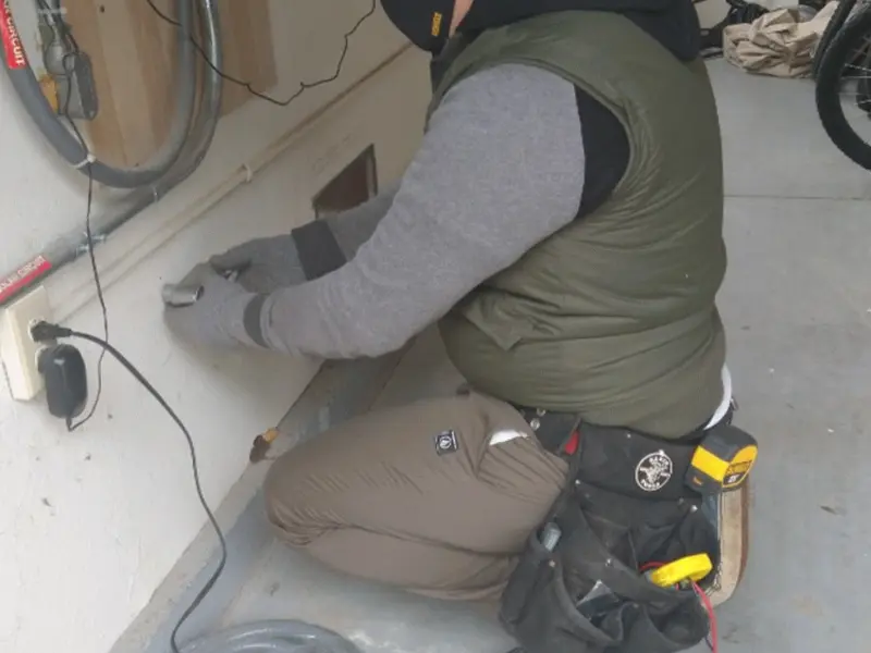 Electrician performing outlet wiring in a Eden garage